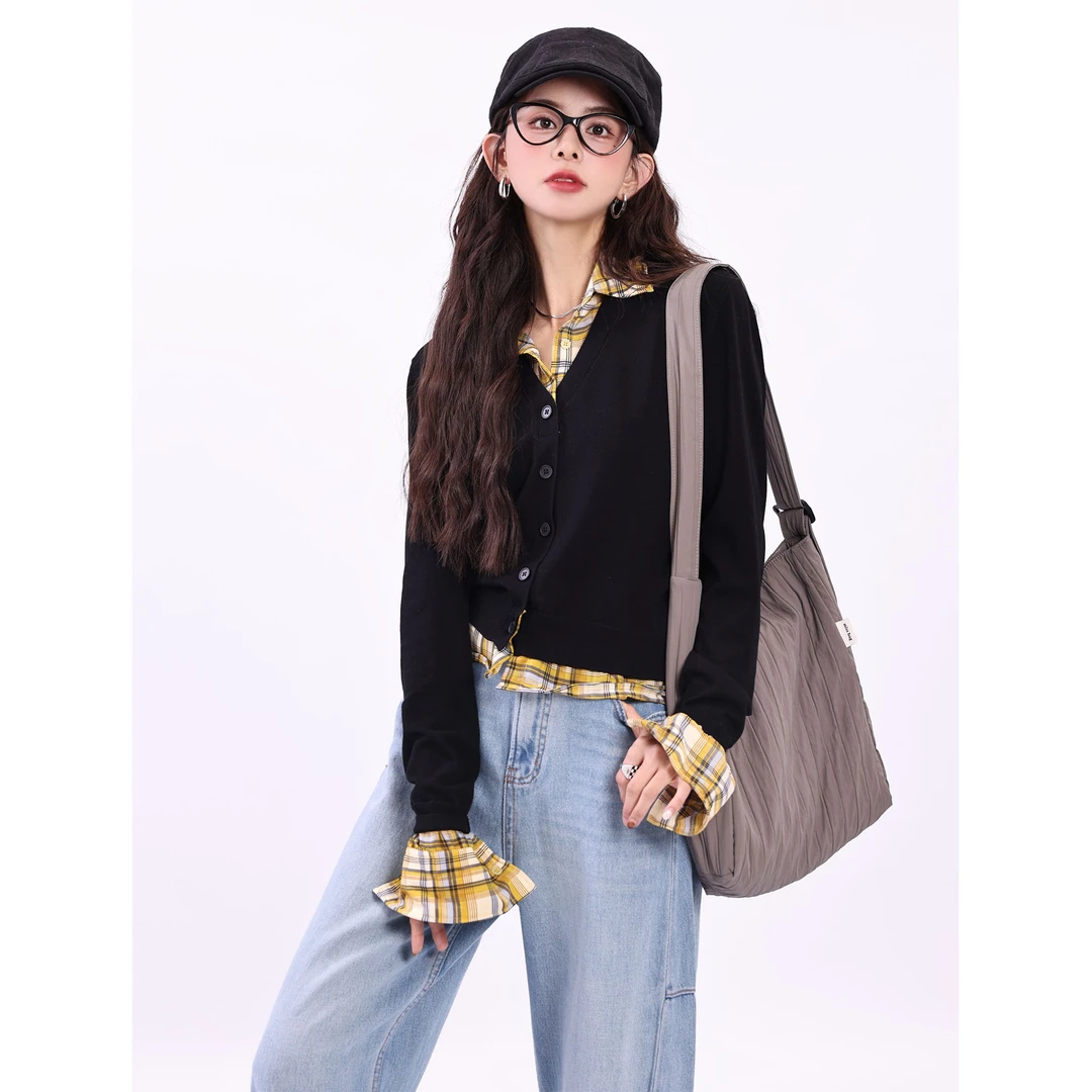 陈佳洁【春生物】春季新款假两件长袖气质休闲针织衫上衣J0325082