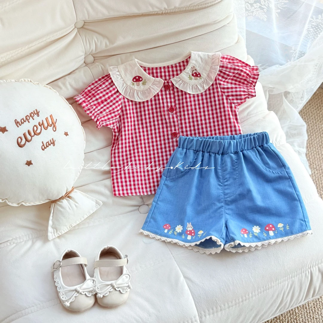 女宝宝甜美蘑菇格子衬衫2025新款夏季宝宝刺绣卡通韩版米蓝小短裤
