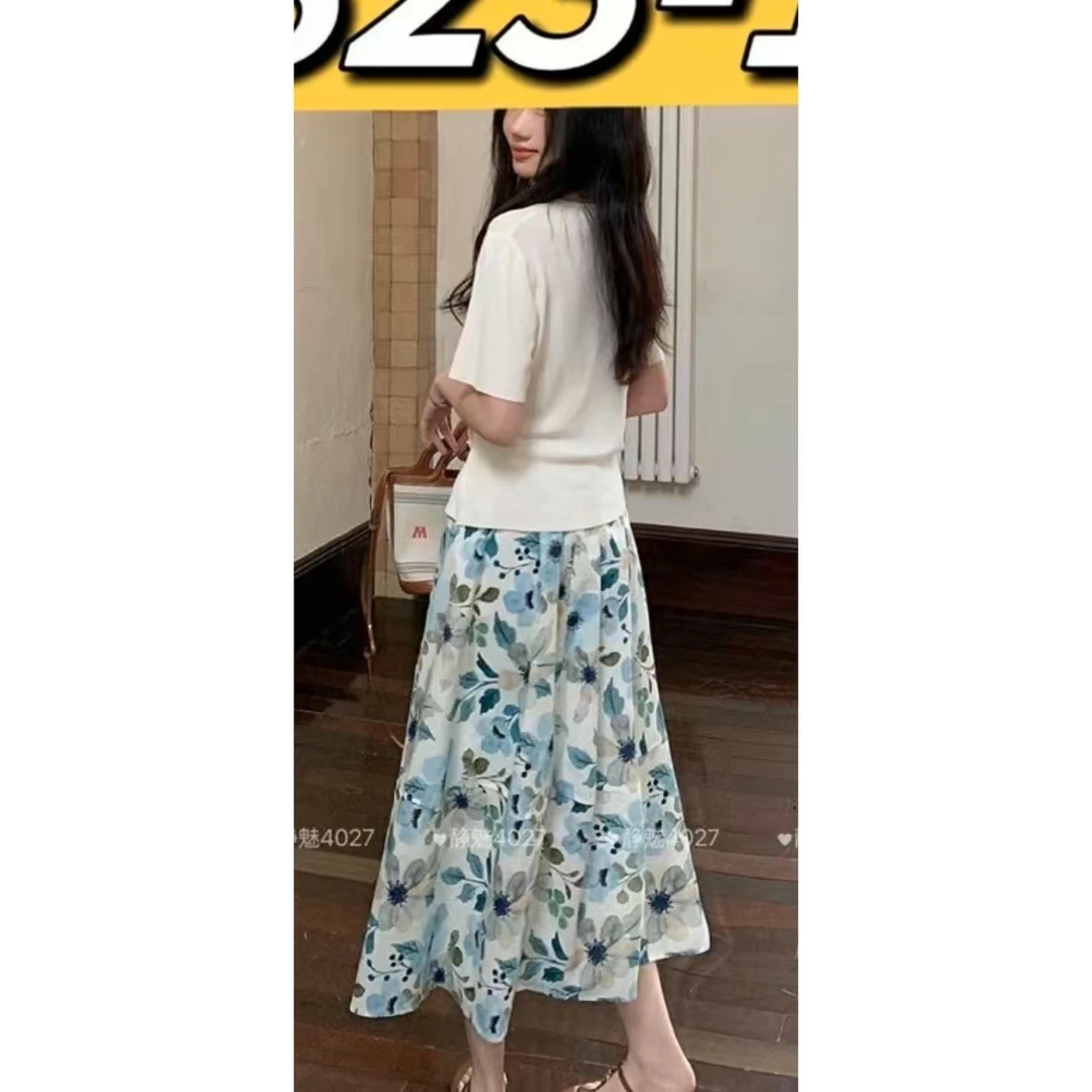 823 夏季新款显瘦松紧腰复古油画碎花套装裙