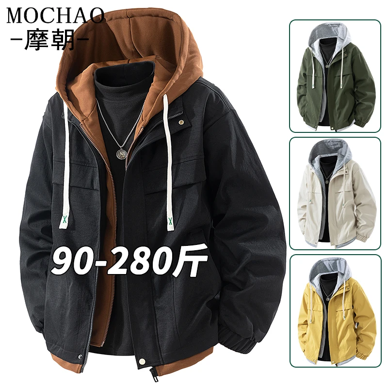 摩朝美式潮流假两件连帽夹克男休闲时尚宽松大码秋装新款百搭外套