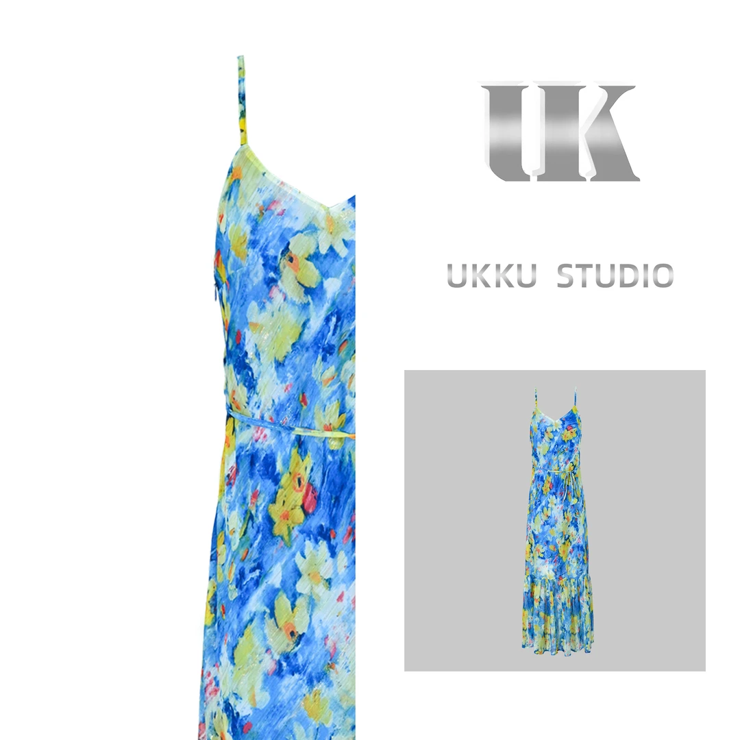 丹妮【UKKUSTUDIO】【海洋之谜】设计师蓝色收腰印花吊带连衣裙913865