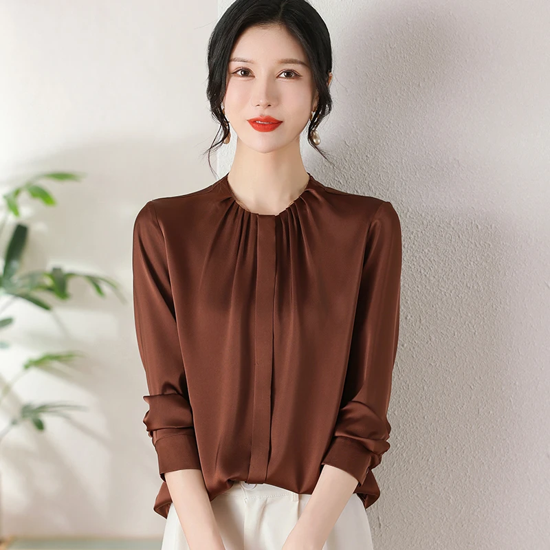 杭州真丝圆领短款衬衫女2025新款洋气时尚女宽松衬衣纯色气质上衣