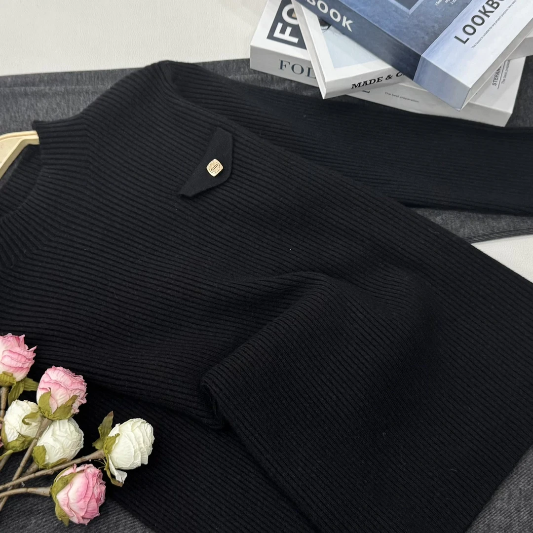 【黑色马蹄袖套头】早秋新款时尚长袖针织上衣QC5623