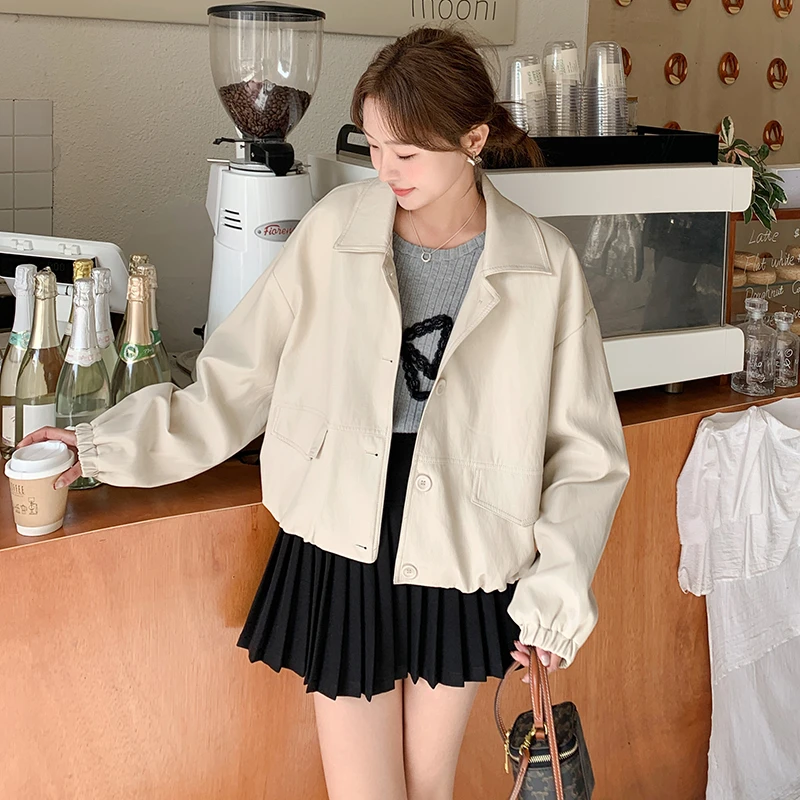 米白色小个子超好看PU皮夹克外套女短款2025春新款今年流行小皮衣