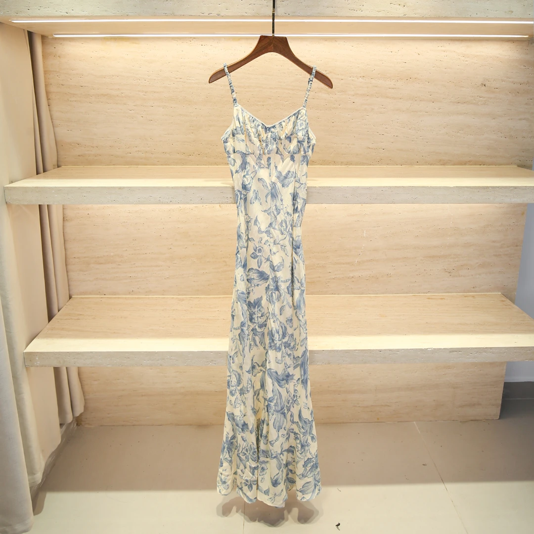 印花鱼尾长款连衣裙海边度假休闲百搭吊带裙女AL1780