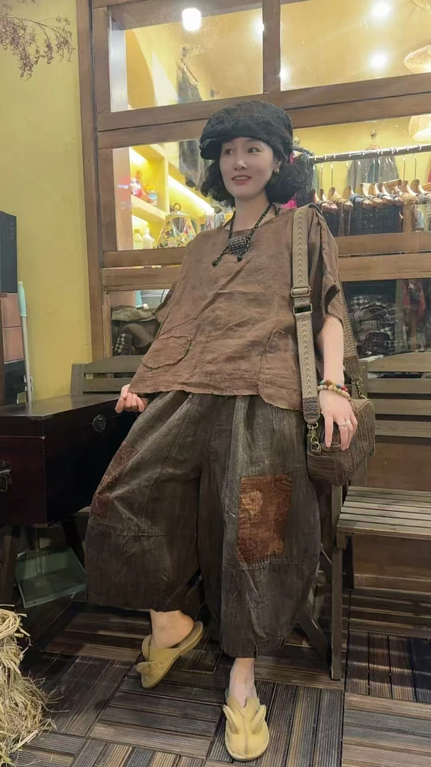 2025新款色织麻炒色贴布裤【裤长74胸围136】显瘦休闲百搭复古