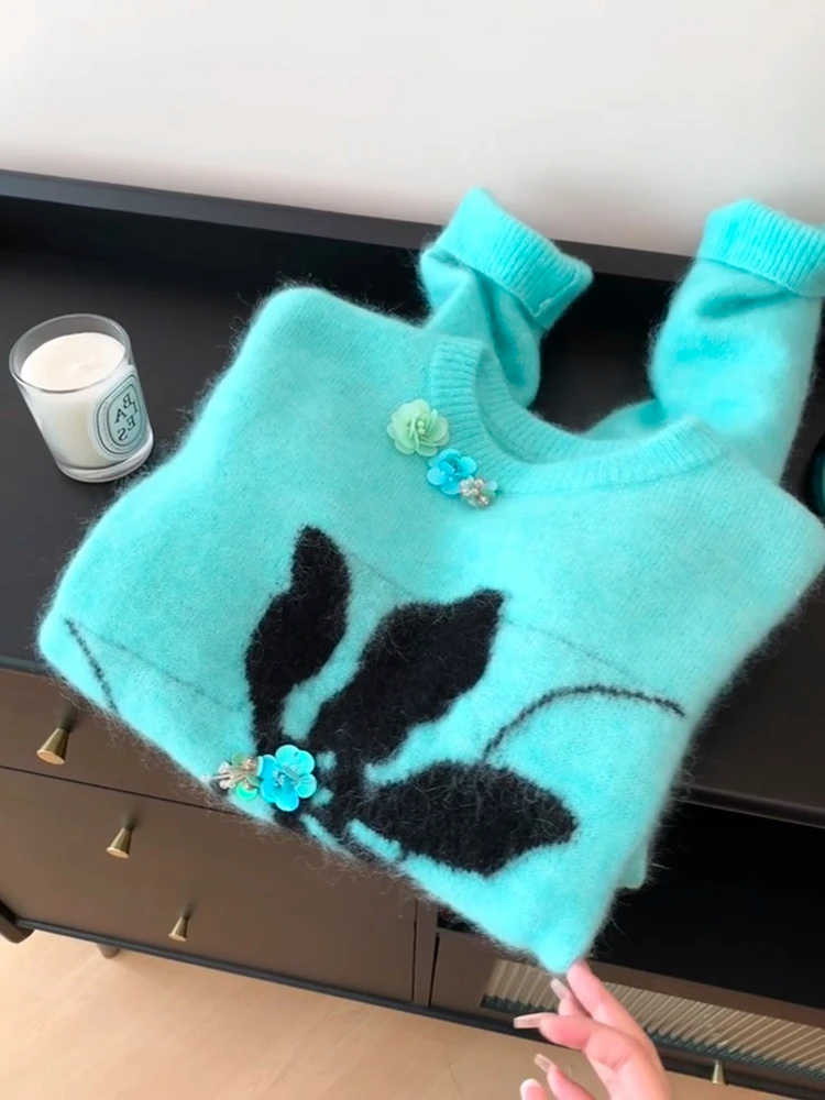 韩系小众设计感精致亮片花朵奶蓝色毛衣女2025春季新款长袖针织衫