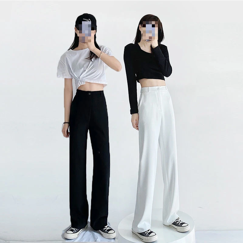 白色西装裤春秋垂感宽松直筒大码显瘦韩板高腰小个子阔腿拖地长裤