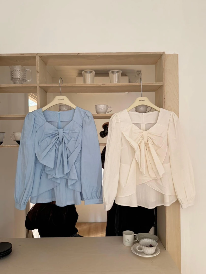 【法式爱好者】25708 白色法式蝴蝶结系带长袖衬衫感小众上衣气质