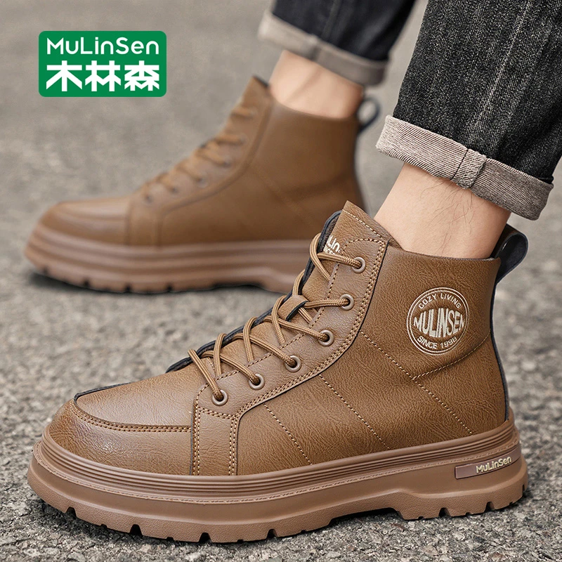 木林森马丁靴男2025新款秋季英伦风高帮皮鞋休闲百搭防滑工装靴子