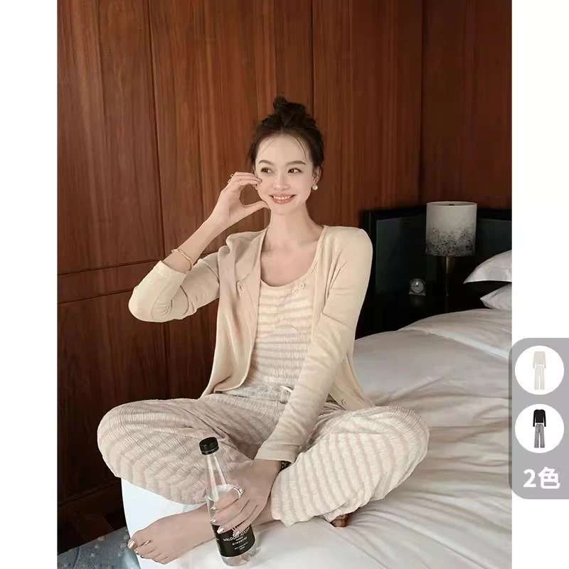 美洋MEIYANG 桃桃乌龙家居服  条纹吊带睡衣长袖带胸垫韩系慵懒风