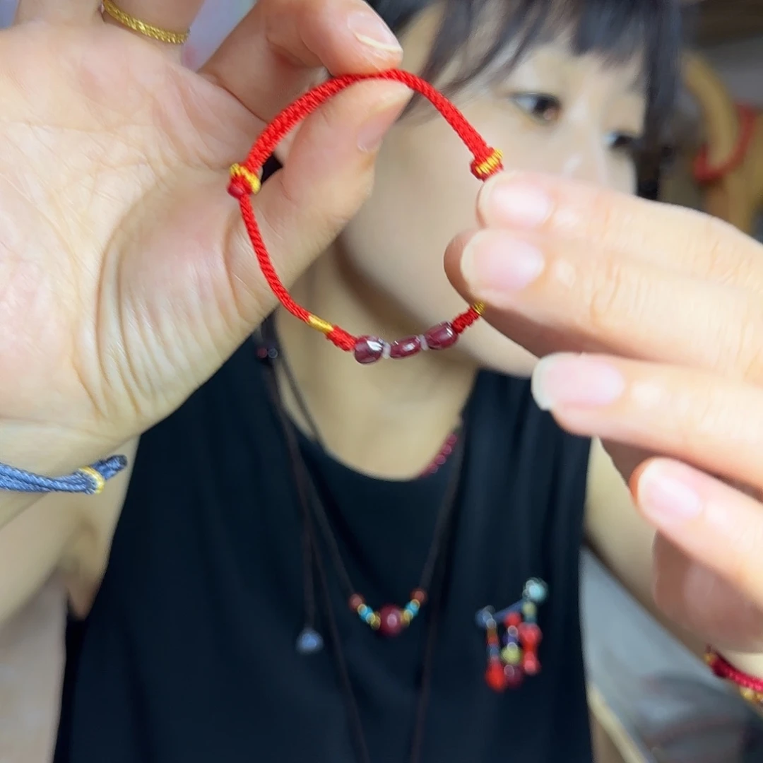 天然辰砂三颗天然原石颗粒手绳