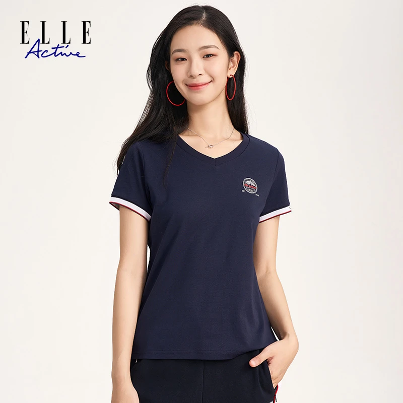 ELLE Active新款运动修身t恤女显瘦罗纹袖V领鸡心领夏季短袖上衣