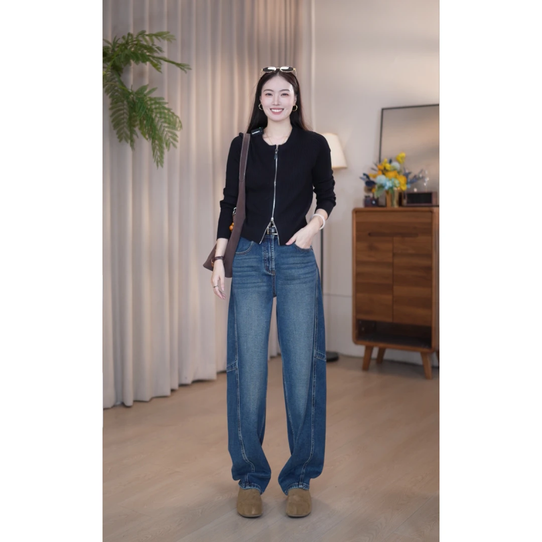 20056秋冬季弯刀牛仔裤女蓝色直筒弯刀裤休闲高腰牛仔裤港风复古