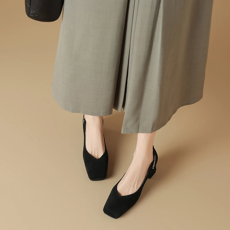 6.5CM方头单鞋粗跟新法式粗跟女单鞋春季尖头法式低法式粗跟尖头