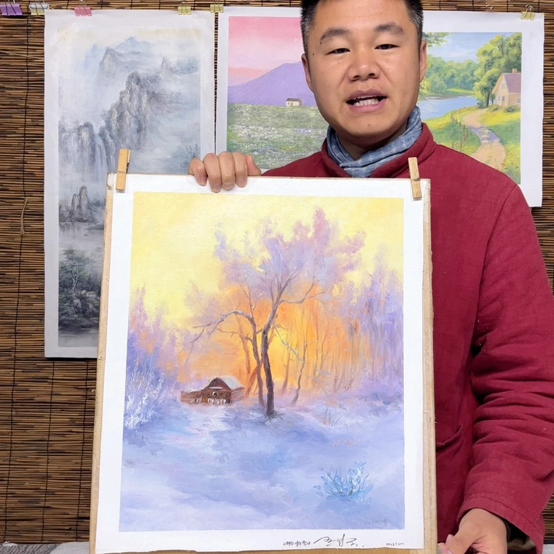 油画行路人小院绘画