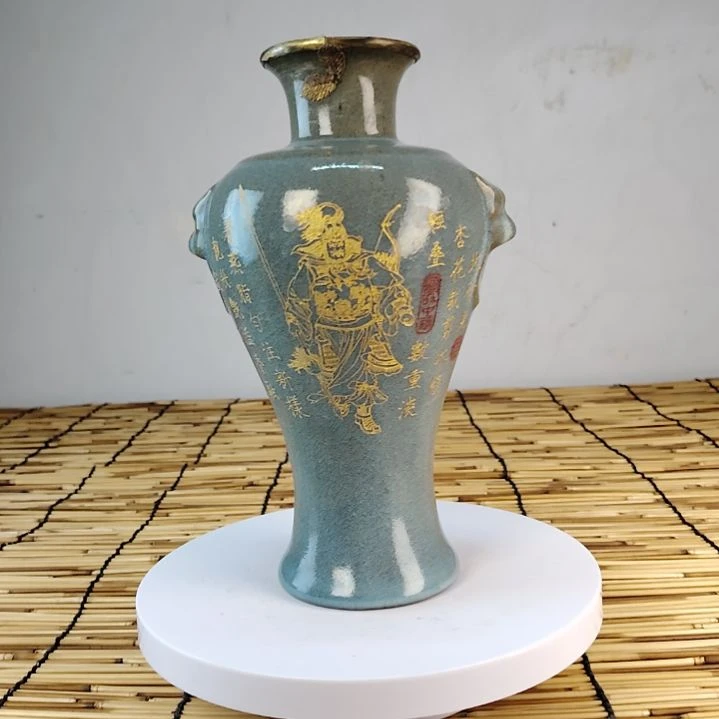 摆件陶汝窑描金包铜口老工艺