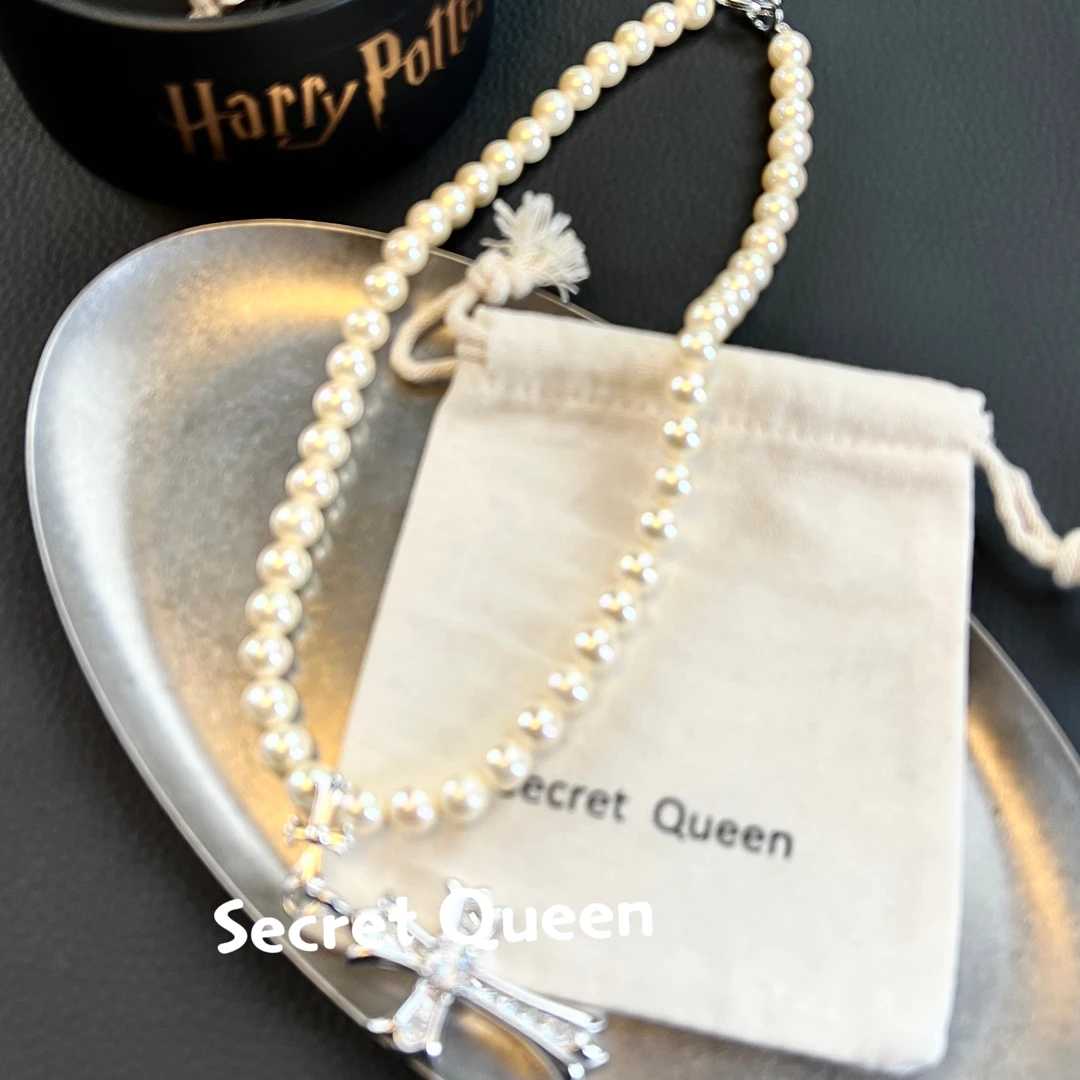 铜合金项链 小众设计十字架贝珠项链锁骨链AH200