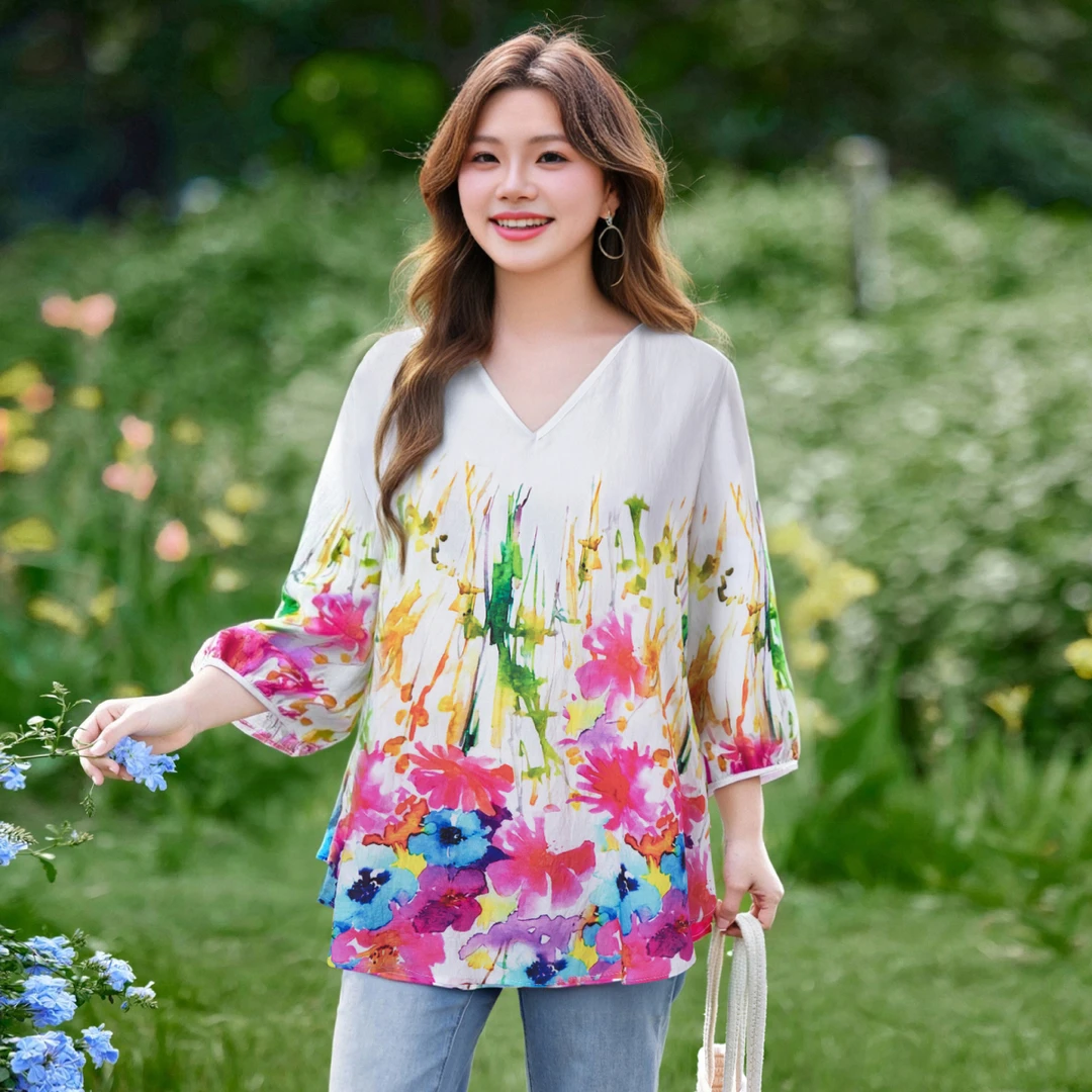 【梦境花园】MsShe大码女装夏装仿真丝印花七分袖衬衫B2505011