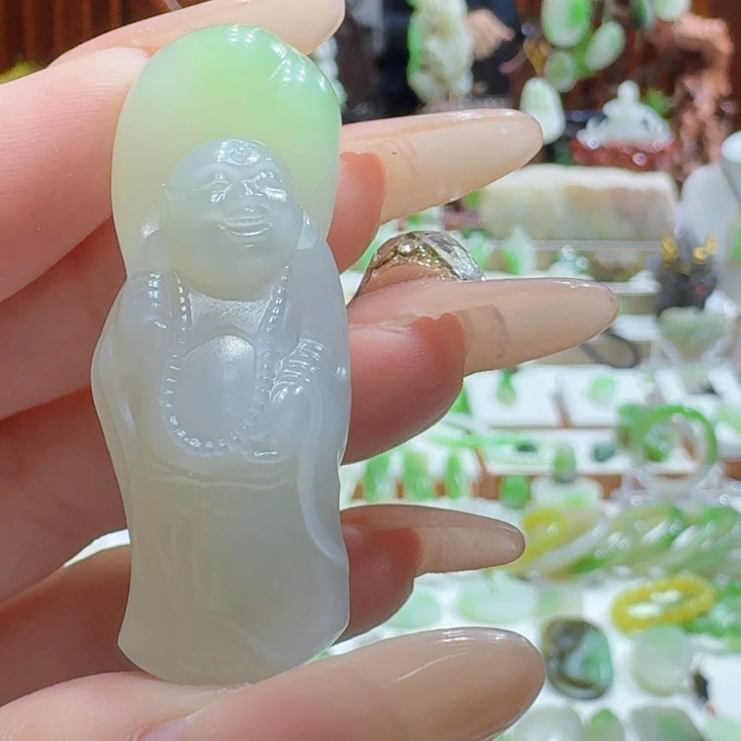 和田玉翠青三色佛公未镶嵌