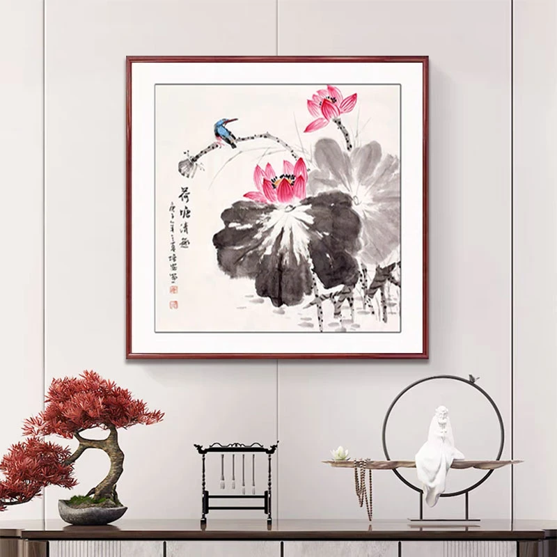 新中式玄关装饰画走廊过道水墨荷花挂画客厅茶室书房禅意莲花壁画