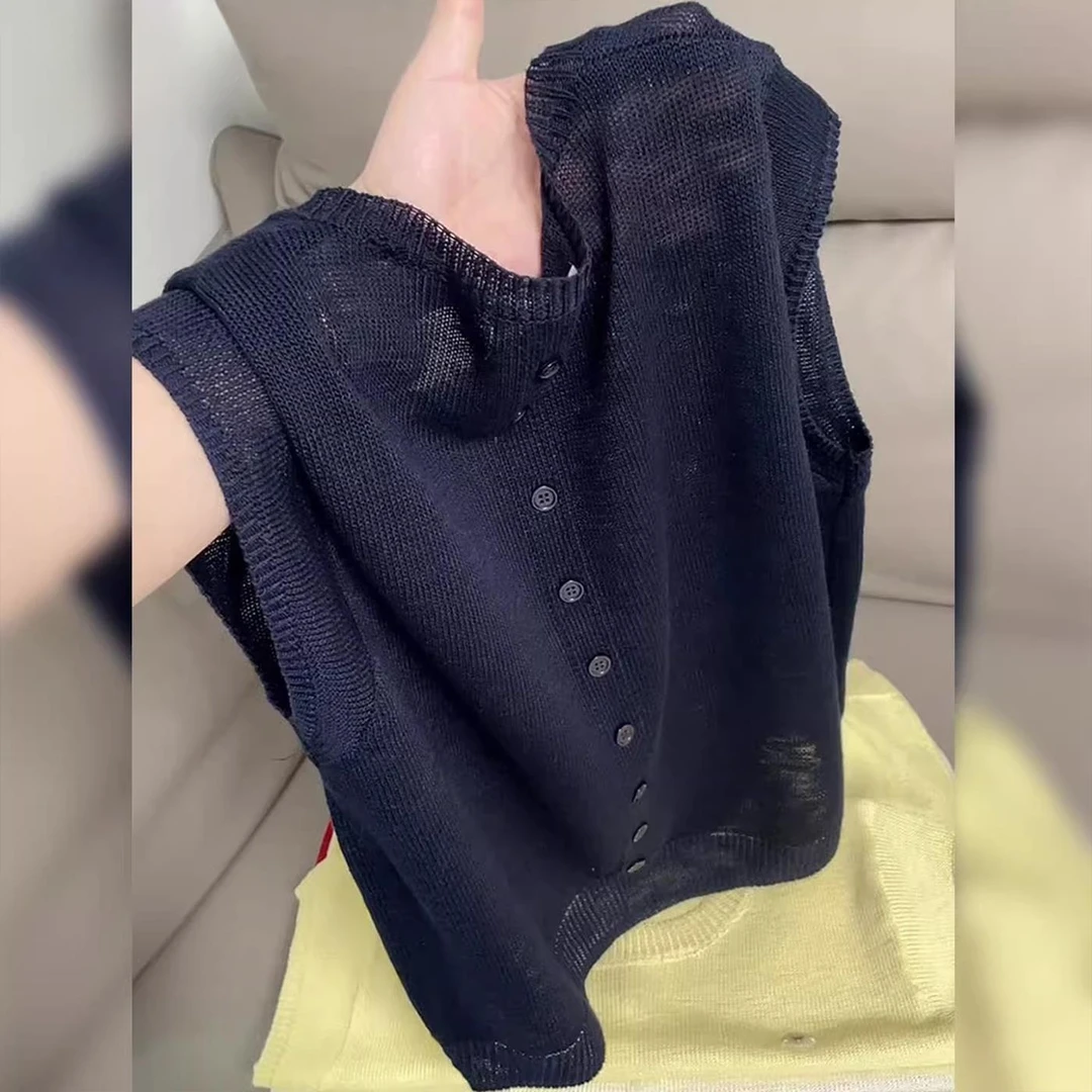 2025夏季新款女士冰丝排扣针织上衣T恤洋气减龄外搭无袖背心开衫