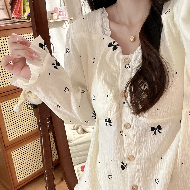 带胸垫黑色蝴蝶结睡衣少女春秋季泡泡棉长袖长裤甜妹家居服套装