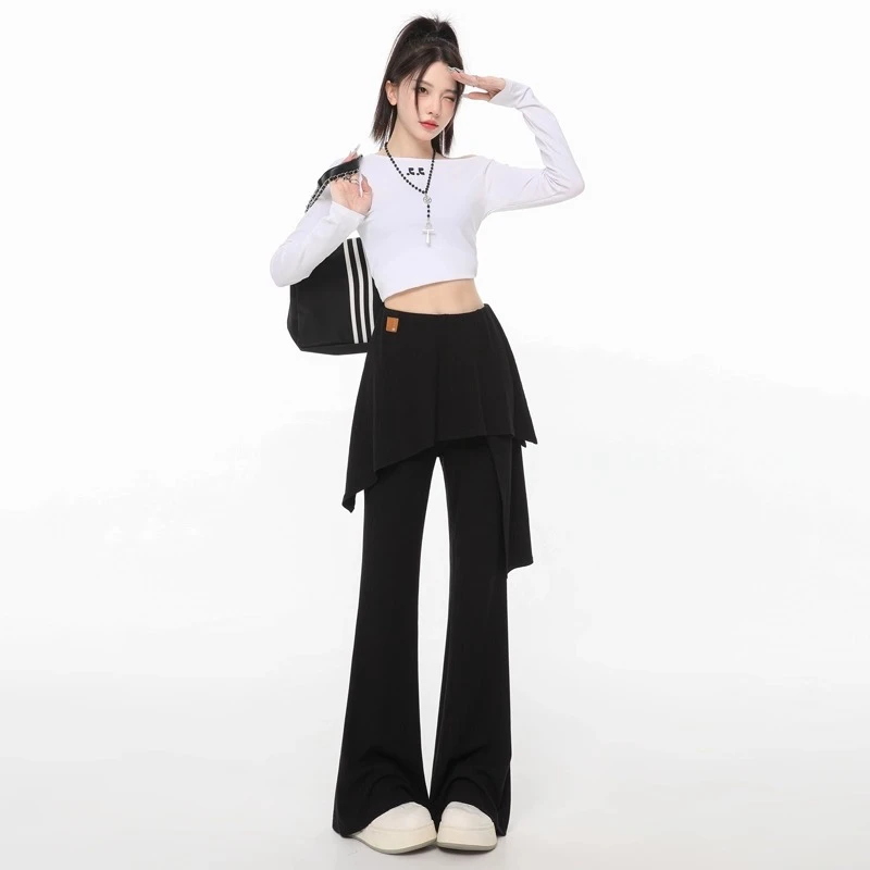 黑色松紧高腰微喇叭休闲裤女夏季时尚薄款宽松显瘦垂感屁帘长裤子