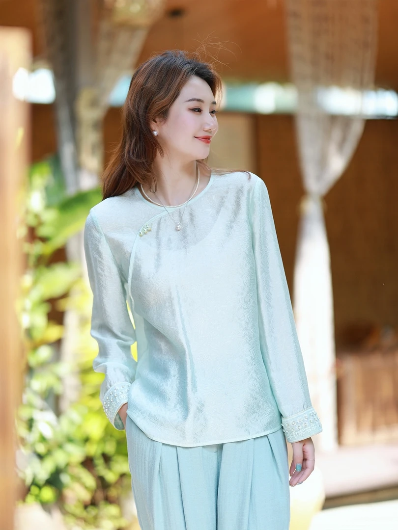 《ELFBOX》《水波凝》新款显瘦软烟罗织带钉珠圆领提花中式衬衣4364