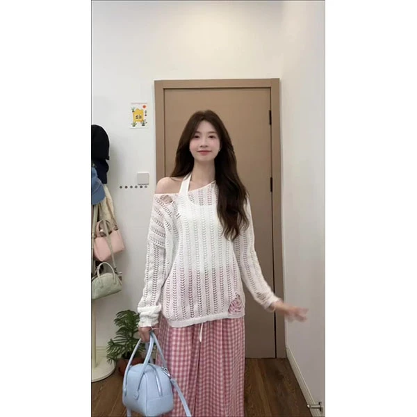 韩系夏季新款轻薄针织罩衫宽松慵懒套头上衣内搭背心裤子三件套