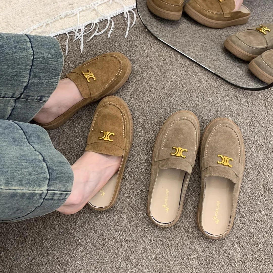 牛皮版！森系复古真皮勃肯鞋女春季新款软平底穆勒单鞋一脚蹬女鞋