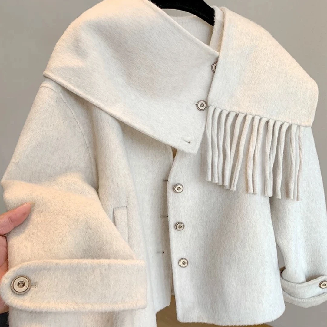 时尚百搭围巾领短款双面呢毛呢大衣外套女冬季气质宽松设计