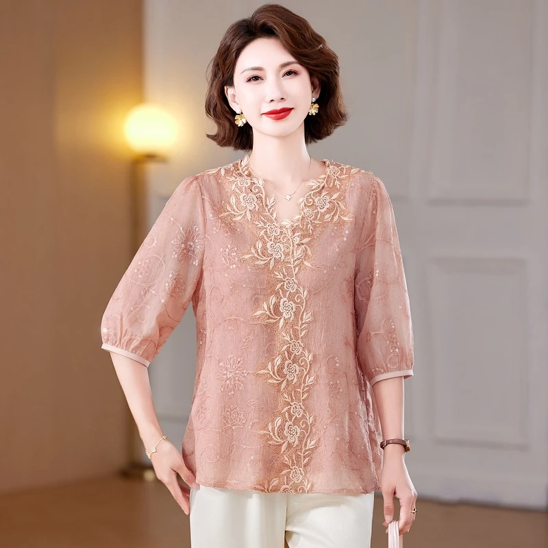 气质妈妈装洋气高贵衬衫套装新款中老年女装夏季减龄小衫上衣夏装