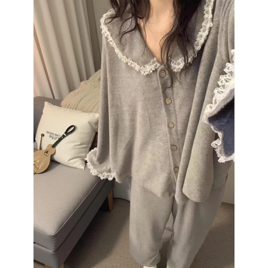 韩版小众德绒秋冬睡衣女新款高端外穿保暖长袖裤设计感家居服套装