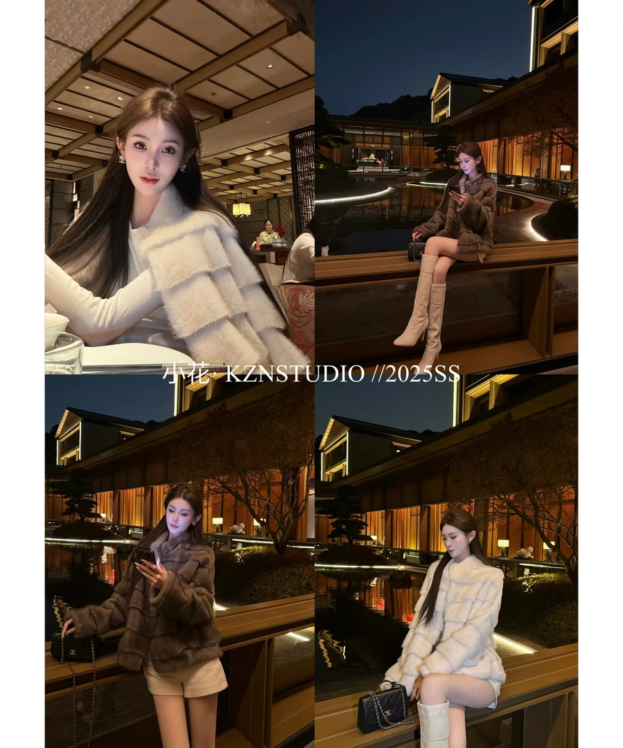 【都市雅韵】冬季新款横排切条环保貂绒水貂皮草短外套