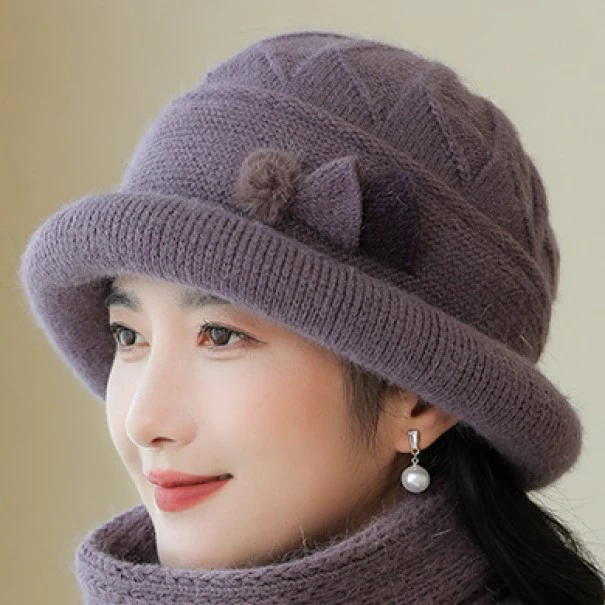 中老年兔毛帽女秋冬保暖针织帽加绒防寒毛线帽优雅百搭妈妈帽盆帽