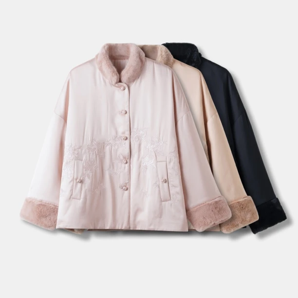 独裳【吉岚严选】新中式国风重工毛领羊毛棉衣外套女落肩款YZ0919