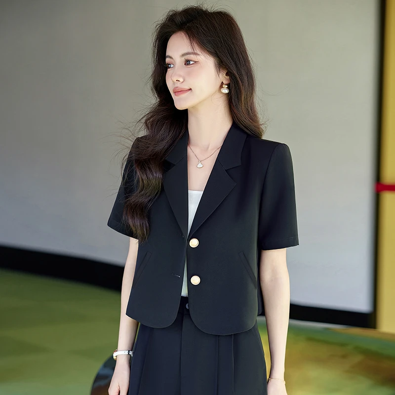 黑色短款西装外套女2025新款夏季薄款气质休闲小个子短袖西服套装