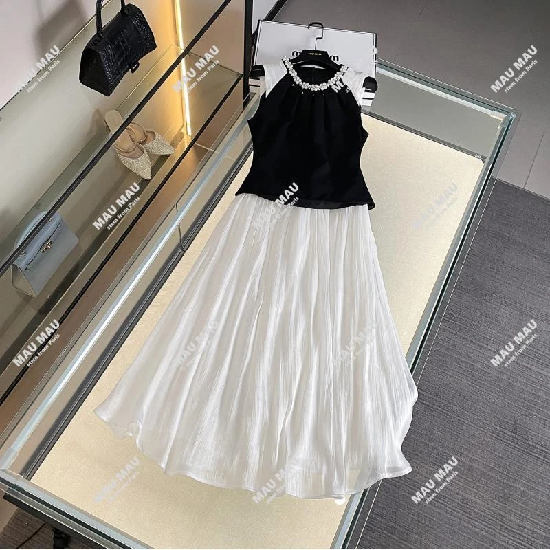 【星河独白】法式贵气珍珠领口设计无袖长裙拼接连衣裙女DY6958