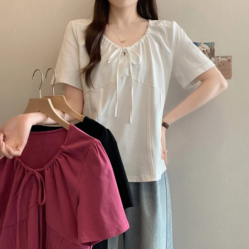 2025夏装新款胖mm大码女法式设计感方领鱼骨系带短袖T恤