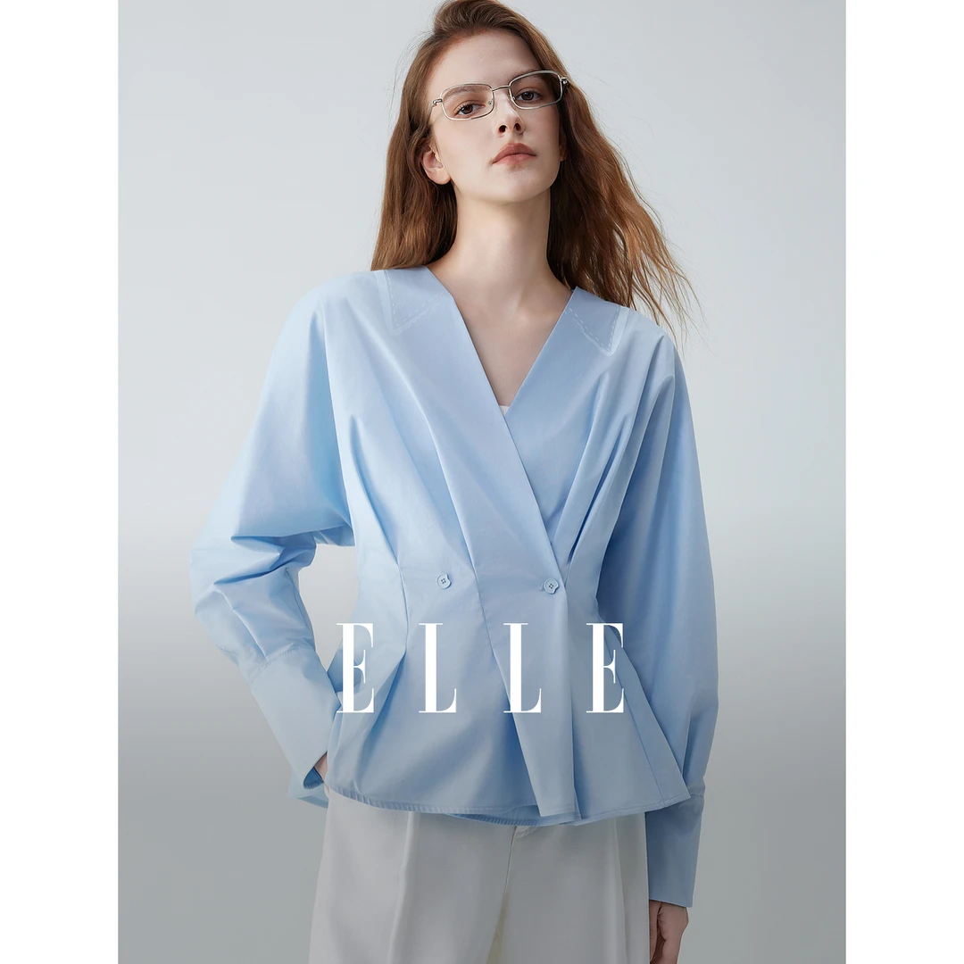 【蓝调宣纸】ELLE法式收腰V领衬衫女2025秋季高级感通勤衬衣EC51669