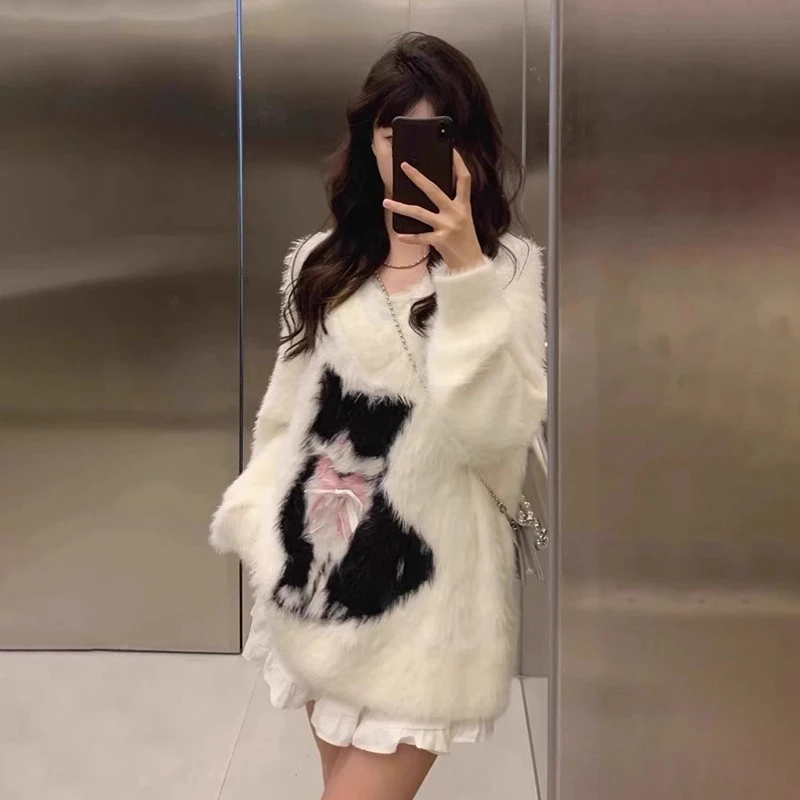 白色水貂绒猫咪提花毛衣秋冬慵懒小个子宽松软糯加厚内搭针织上衣