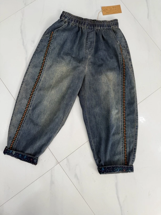 2506可可茄刺绣薄料宽松休闲百搭哈伦牛仔裤