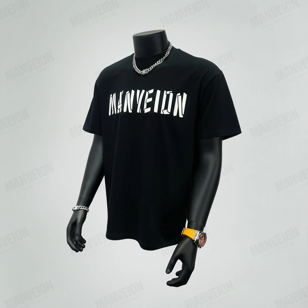 MANVEION胶带印花字母圆领出游情侣短袖夏季宽松休闲cleanfit穿搭