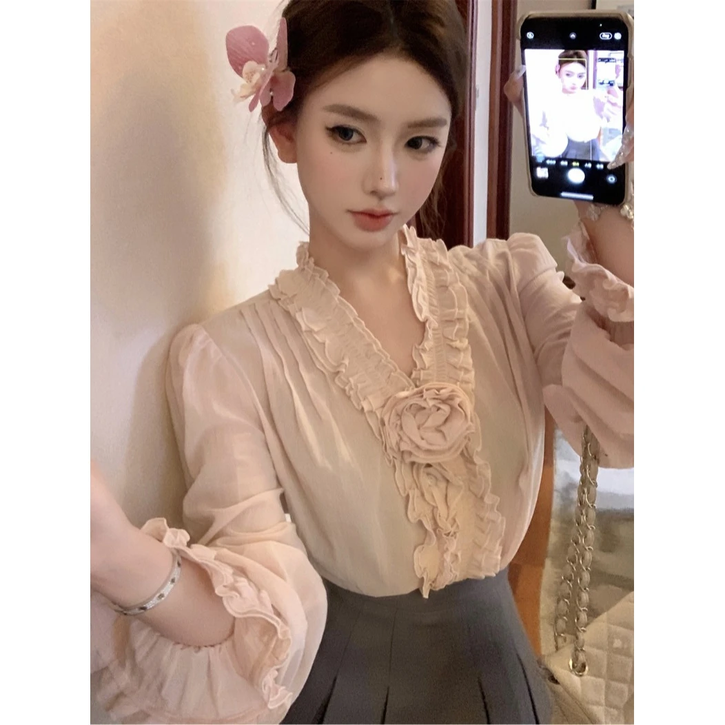 轻奢超火的玫瑰花衬衣木耳边衬衫新中式设计感上衣