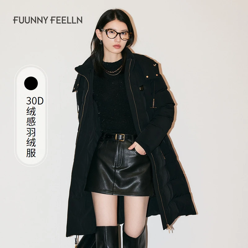 FF仿佛冬季新款黑色立领羽绒服女中长款连帽加厚收腰设计感