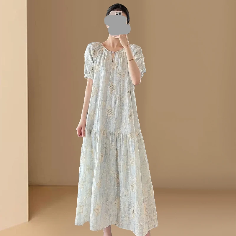 法式气质名媛设计感拼接短袖连衣裙女夏季新款高级感收腰显瘦长裙