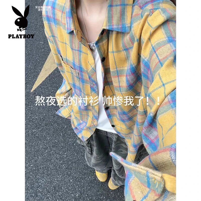 花花公子韩系慵懒风格子衬衫早秋潮牌洋气长袖衬衫宽松大码设计感