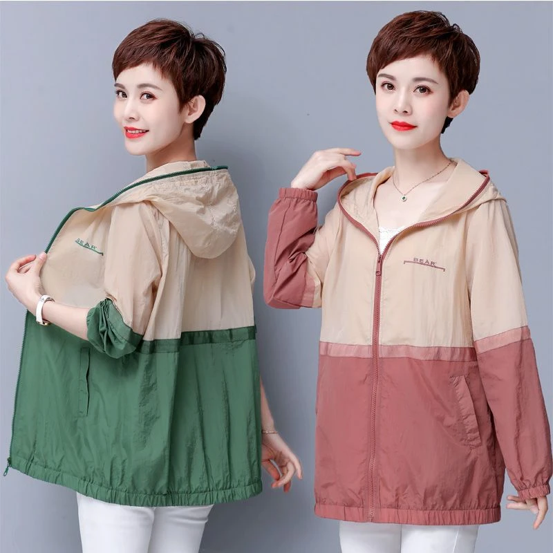 大码防晒衣女新款中年妈妈夏季带帽宽松休闲防晒服防紫外线薄外套