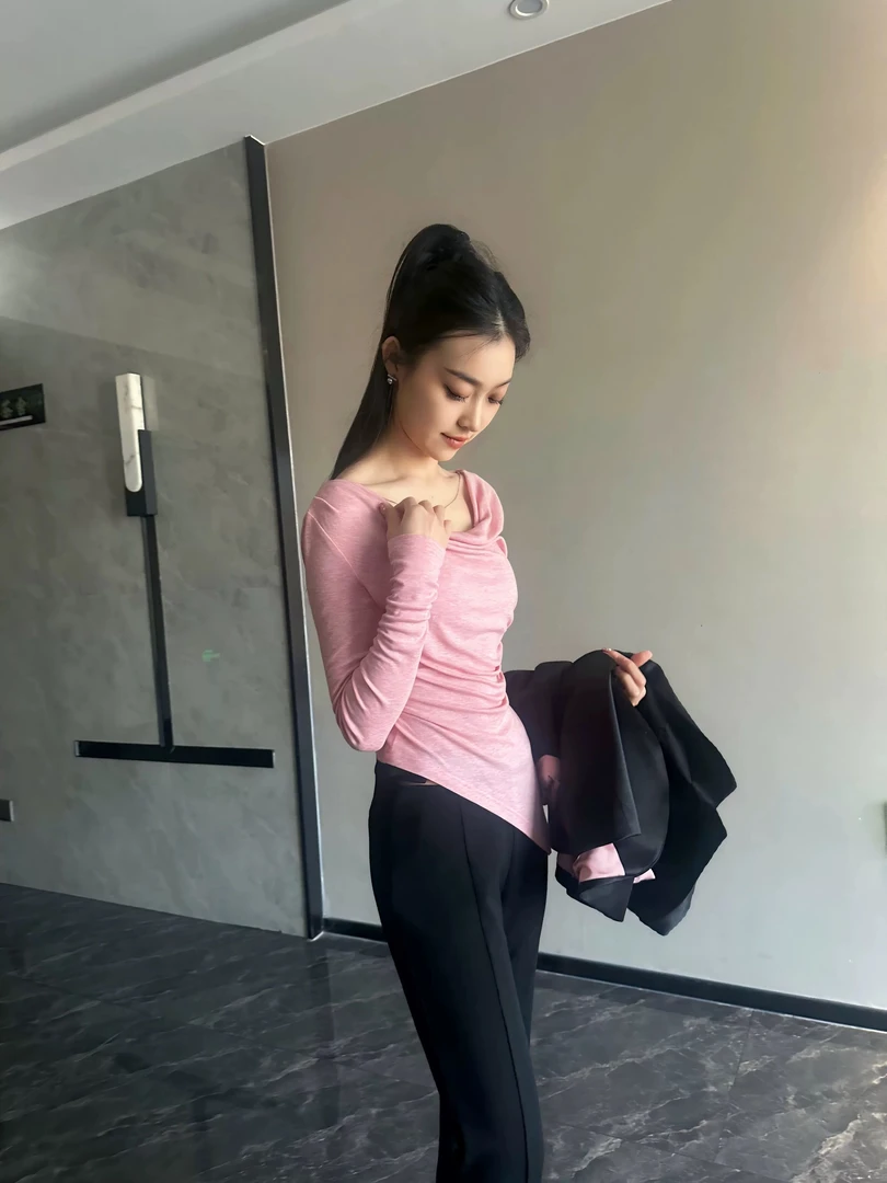 原创设计 收腰显瘦荡领天丝羊毛T恤女春季松弛感褶皱修身打底上衣